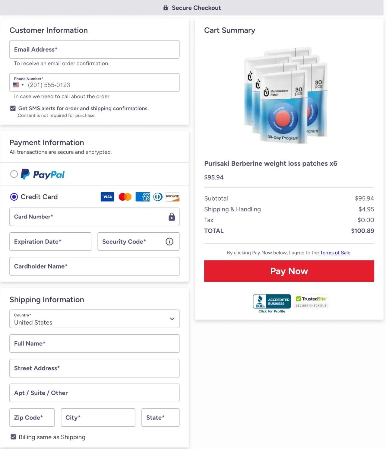 Purisaki Berberine Patch secure ClickBank checkout order page